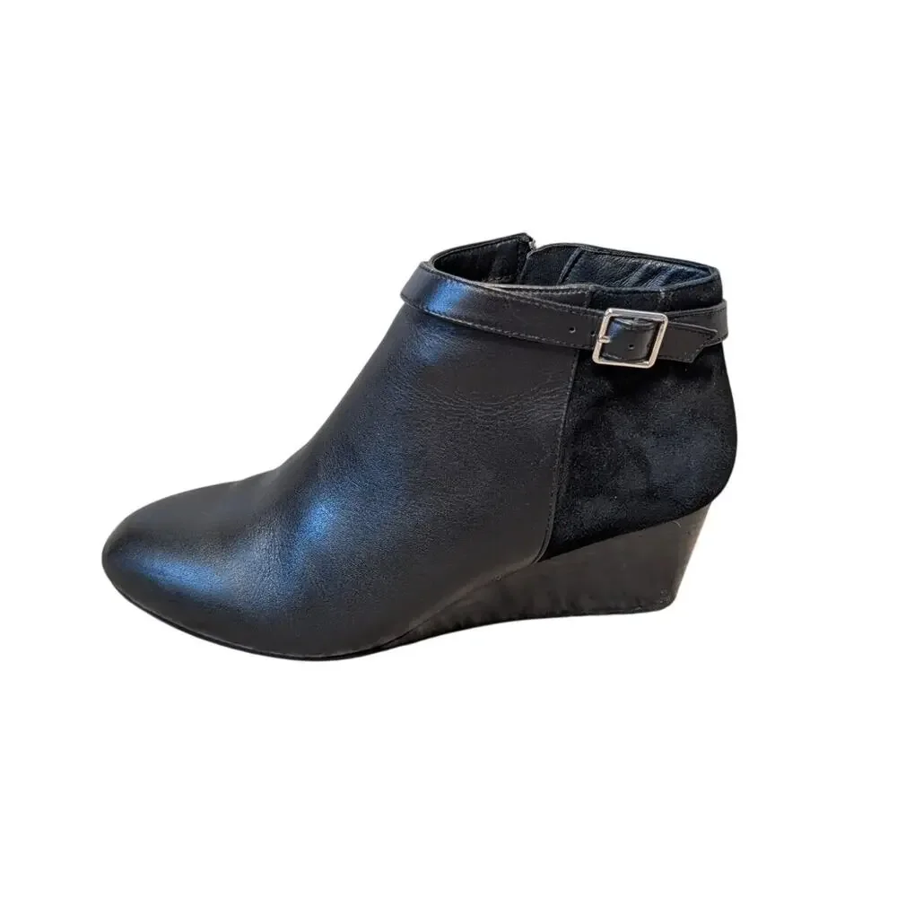 Vionic Shasta Womens 8.5 Black Leather Suede Ankle Boots Wedge Side Zip Buckle